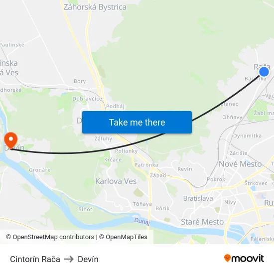 Cintorín Rača to Devín map