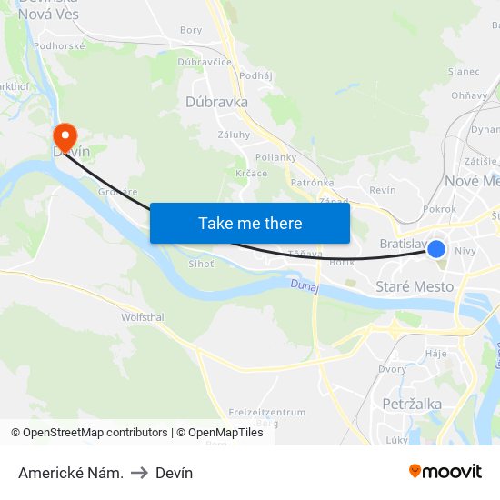 Americké Nám. to Devín map