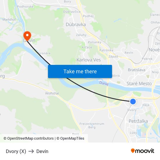Dvory (X) to Devín map