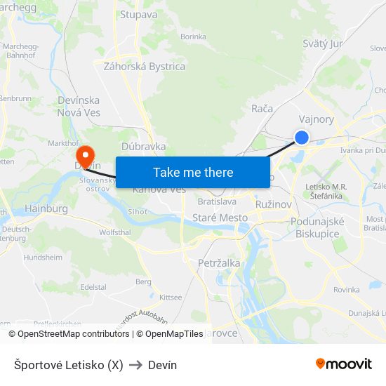 Športové Letisko (X) to Devín map