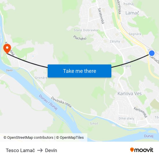 Tesco Lamač to Devín map