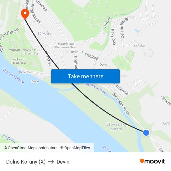 Dolné Koruny (X) to Devín map