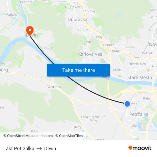 Žst Petržalka to Devín map