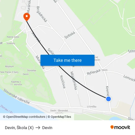 Slovanské Nábr. (X) to Devín map
