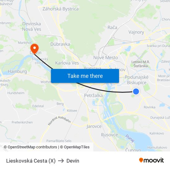 Lieskovská Cesta (X) to Devín map