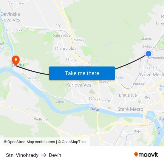 Stn. Vinohrady to Devín map