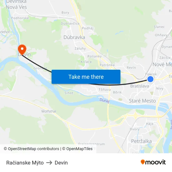 Račianske Mýto to Devín map