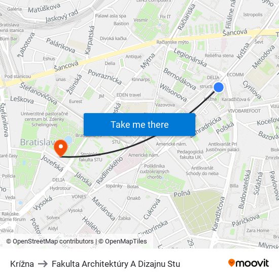 Krížna to Fakulta Architektúry A Dizajnu Stu map