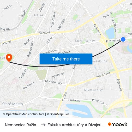 Nemocnica Ružinov to Fakulta Architektúry A Dizajnu Stu map