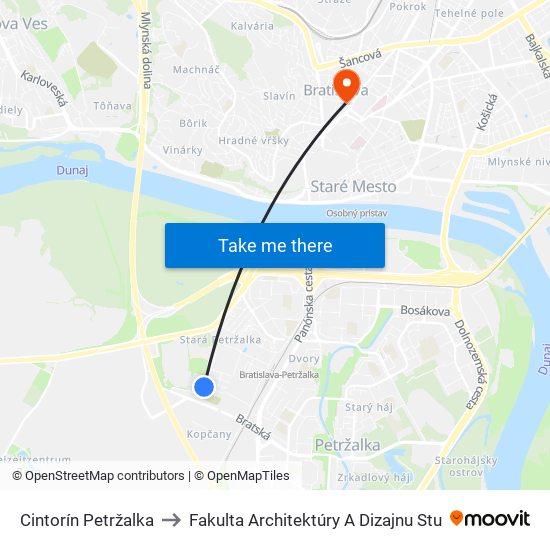 Cintorín Petržalka to Fakulta Architektúry A Dizajnu Stu map