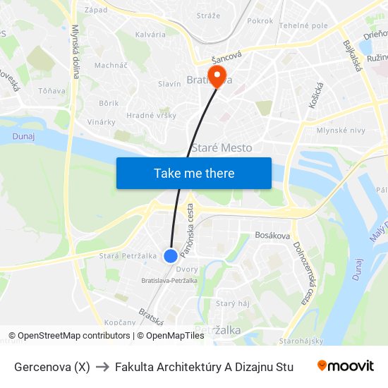 Gercenova (X) to Fakulta Architektúry A Dizajnu Stu map
