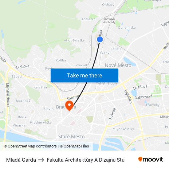 Mladá Garda to Fakulta Architektúry A Dizajnu Stu map