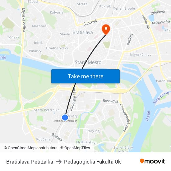 Bratislava-Petržalka to Pedagogická Fakulta Uk map