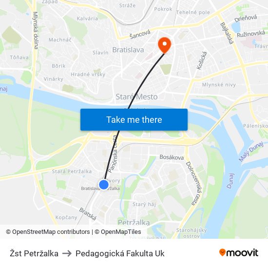 Žst Petržalka to Pedagogická Fakulta Uk map