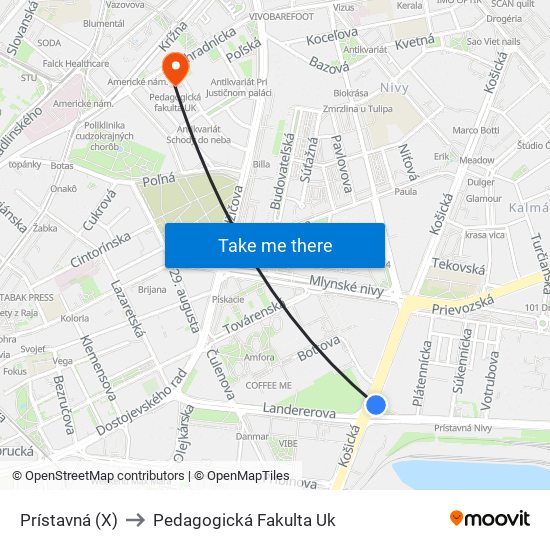 Prístavná (X) to Pedagogická Fakulta Uk map