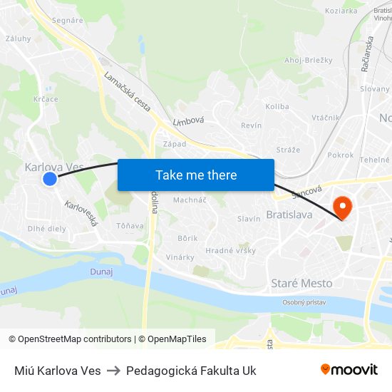 Miú Karlova Ves to Pedagogická Fakulta Uk map