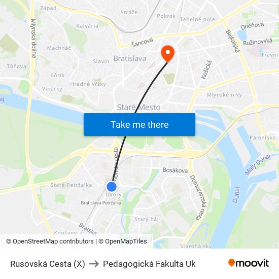 Rusovská Cesta (X) to Pedagogická Fakulta Uk map