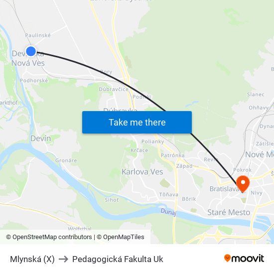 Mlynská (X) to Pedagogická Fakulta Uk map