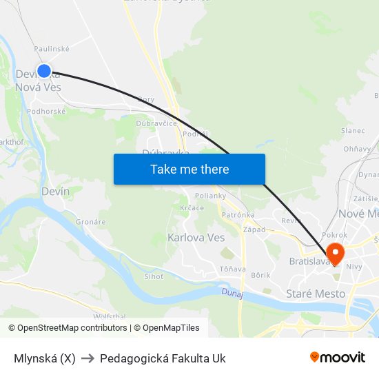 Mlynská (X) to Pedagogická Fakulta Uk map