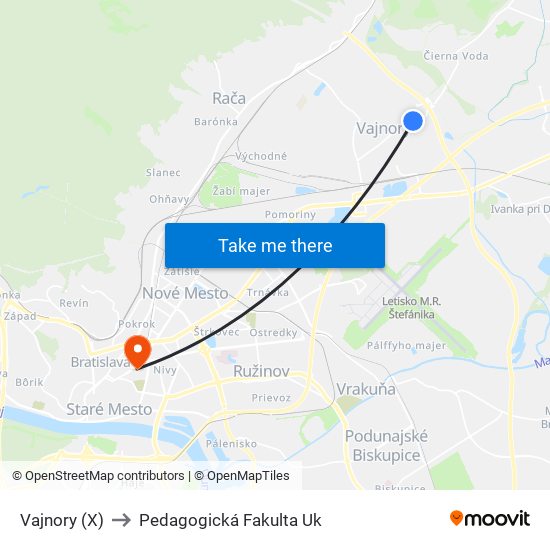 Vajnory (X) to Pedagogická Fakulta Uk map