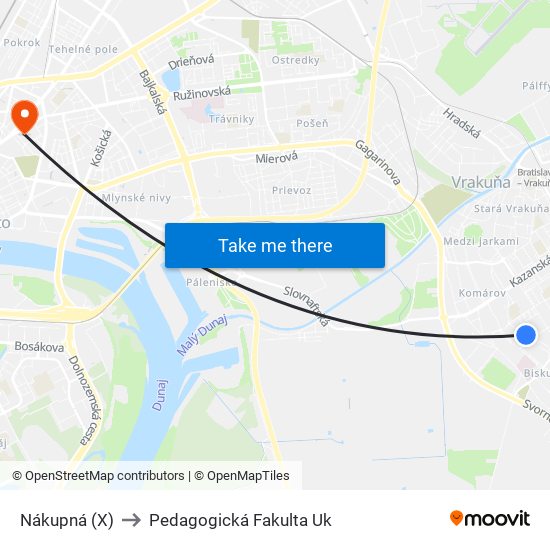 Nákupná (X) to Pedagogická Fakulta Uk map