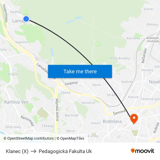 Klanec (X) to Pedagogická Fakulta Uk map