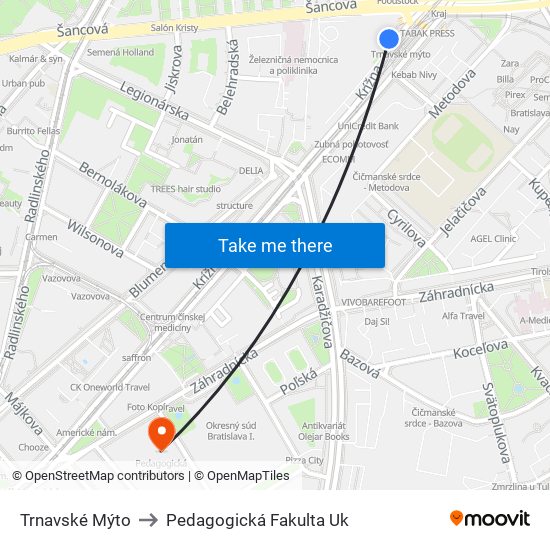 Trnavské Mýto to Pedagogická Fakulta Uk map