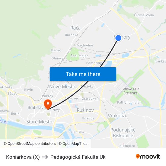 Koniarkova (X) to Pedagogická Fakulta Uk map