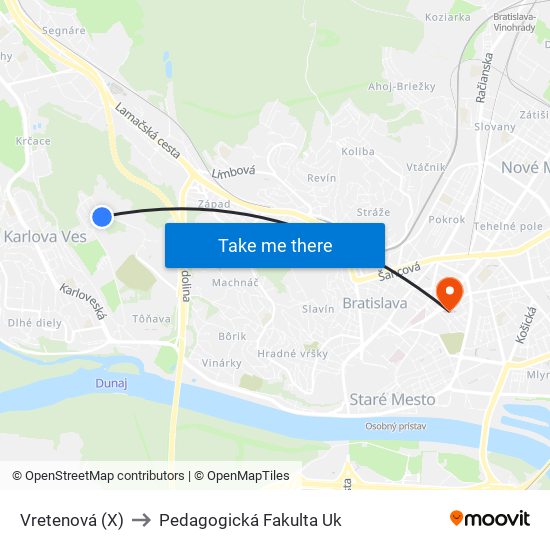 Vretenová (X) to Pedagogická Fakulta Uk map