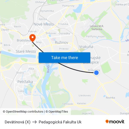 Devätinová (X) to Pedagogická Fakulta Uk map