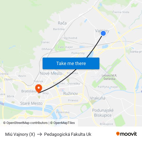 Miú Vajnory (X) to Pedagogická Fakulta Uk map