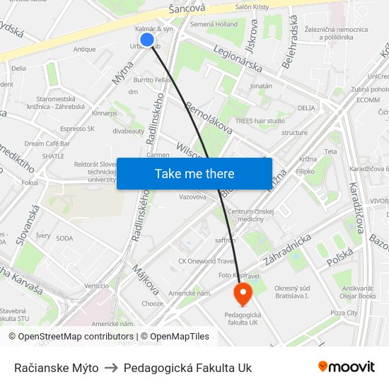 Račianske Mýto to Pedagogická Fakulta Uk map