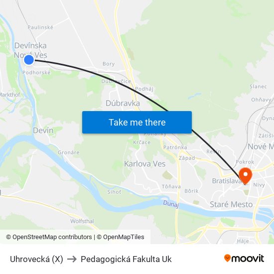 Uhrovecká (X) to Pedagogická Fakulta Uk map