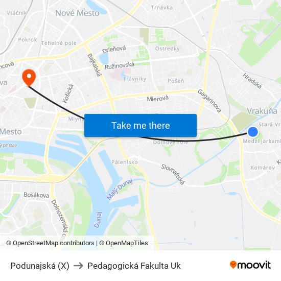 Podunajská (X) to Pedagogická Fakulta Uk map