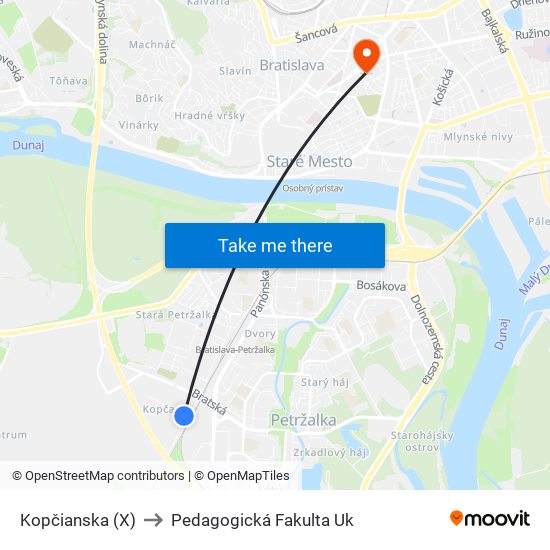 Kopčianska (X) to Pedagogická Fakulta Uk map