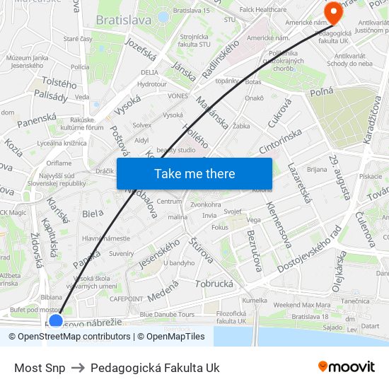 Most Snp to Pedagogická Fakulta Uk map