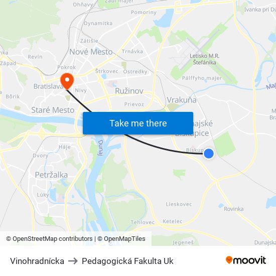 Vinohradnícka to Pedagogická Fakulta Uk map