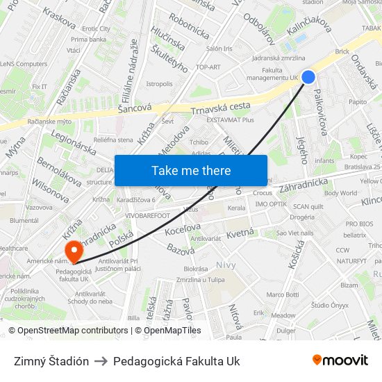 Zimný Štadión to Pedagogická Fakulta Uk map