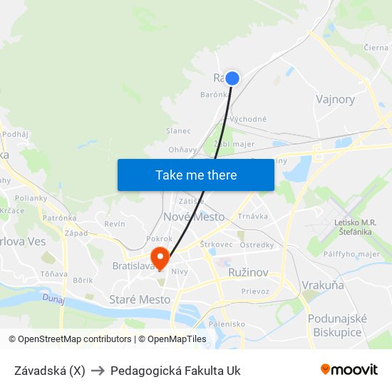 Závadská (X) to Pedagogická Fakulta Uk map