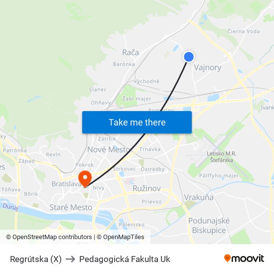 Regrútska (X) to Pedagogická Fakulta Uk map