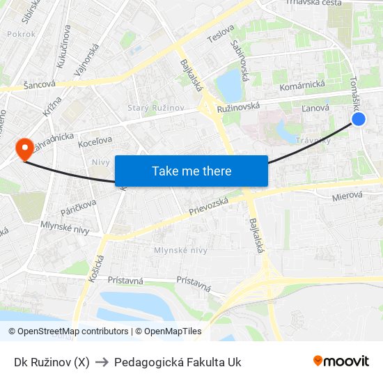 Dk Ružinov (X) to Pedagogická Fakulta Uk map