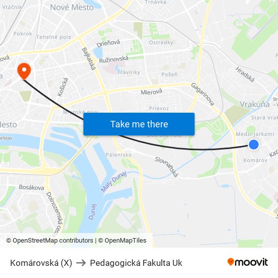 Komárovská (X) to Pedagogická Fakulta Uk map