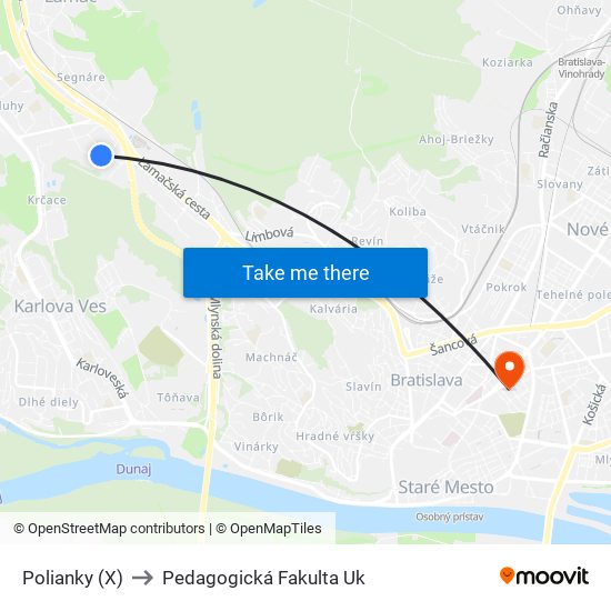 Polianky (X) to Pedagogická Fakulta Uk map