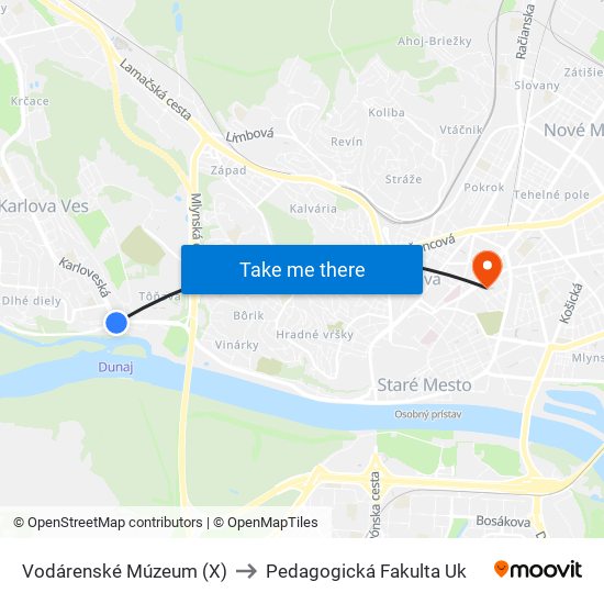 Vodárenské Múzeum (X) to Pedagogická Fakulta Uk map