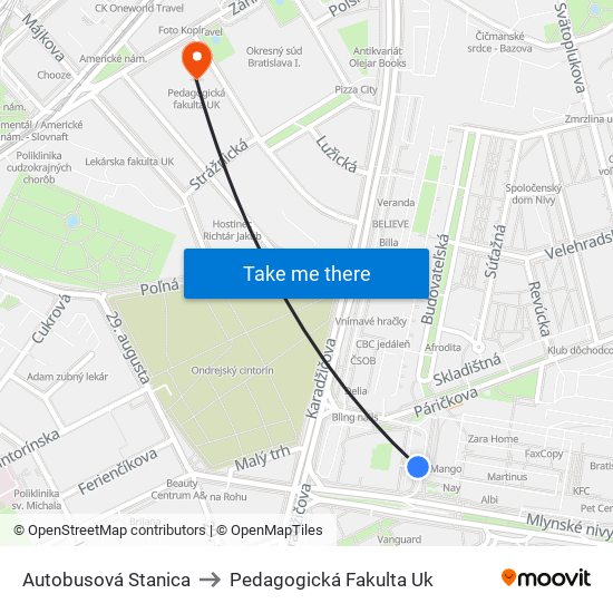 Autobusová Stanica to Pedagogická Fakulta Uk map