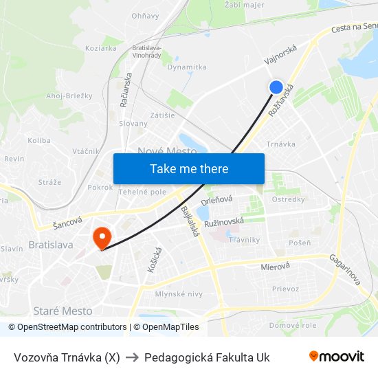 Vozovňa Trnávka (X) to Pedagogická Fakulta Uk map