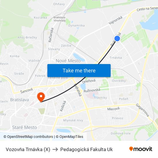 Vozovňa Trnávka (X) to Pedagogická Fakulta Uk map