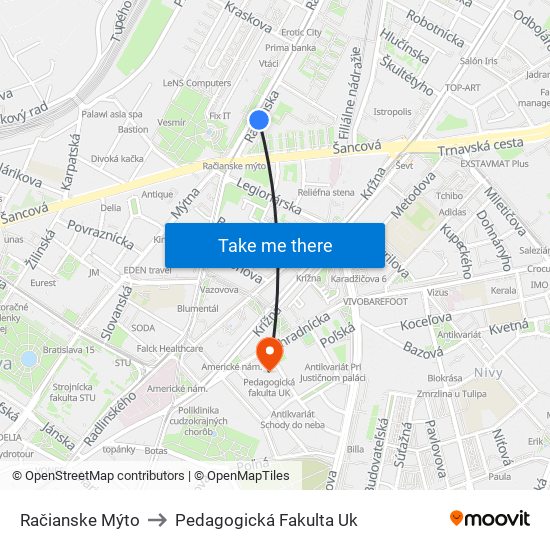 Račianske Mýto to Pedagogická Fakulta Uk map