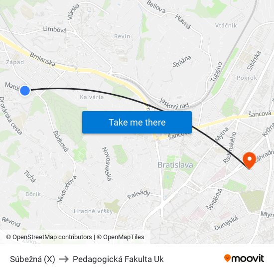 Súbežná (X) to Pedagogická Fakulta Uk map