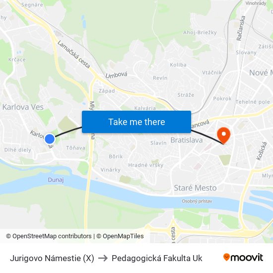 Jurigovo Námestie (X) to Pedagogická Fakulta Uk map